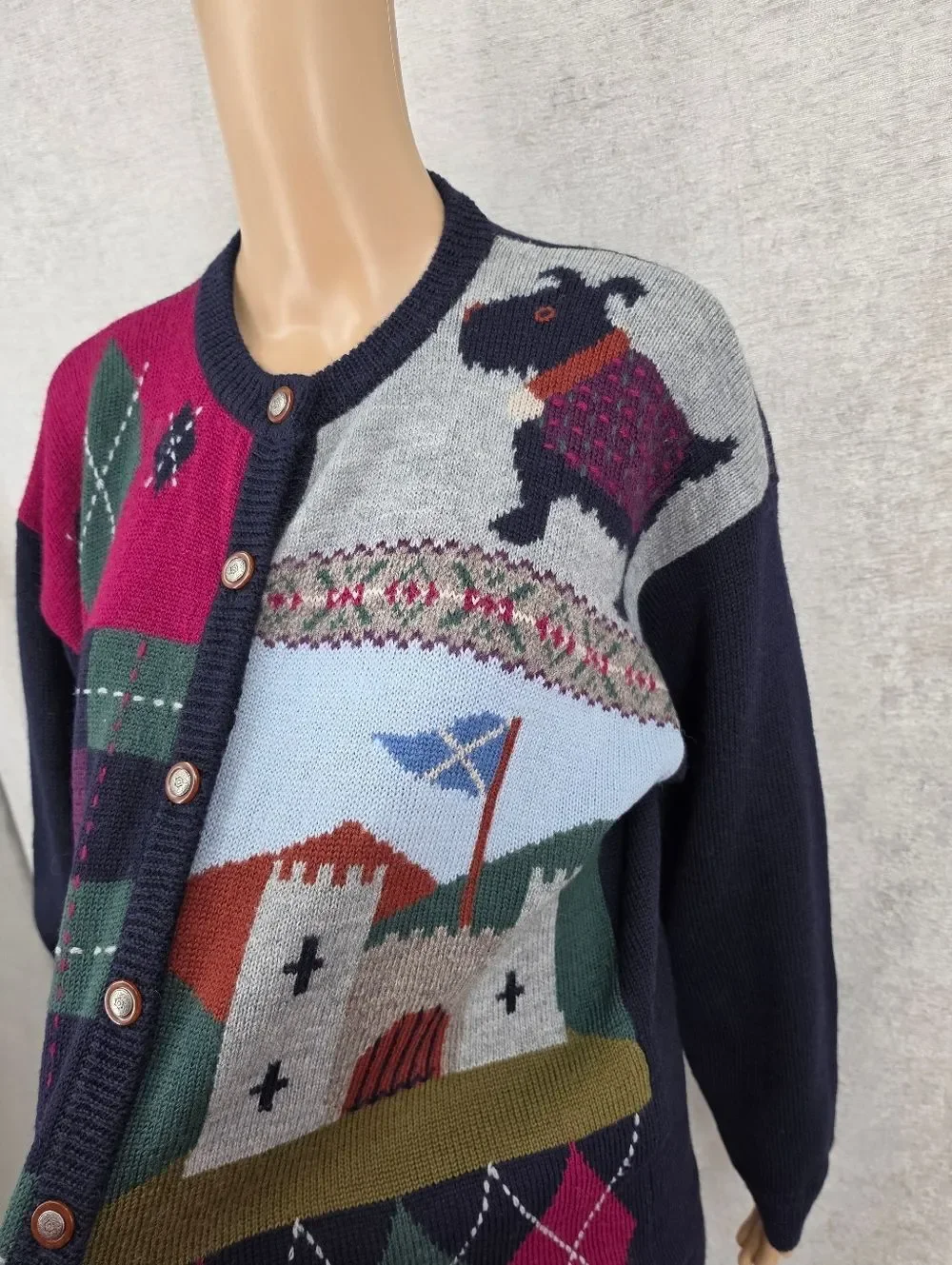 Tulchan Wool Navy Sweater Cardigan Argyle Plaid Scottie Dog Castle Dark Academia